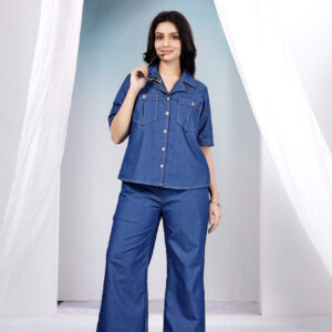 Women's Denim Co-Ord Set – Blue Shirt & Wide Leg Pants